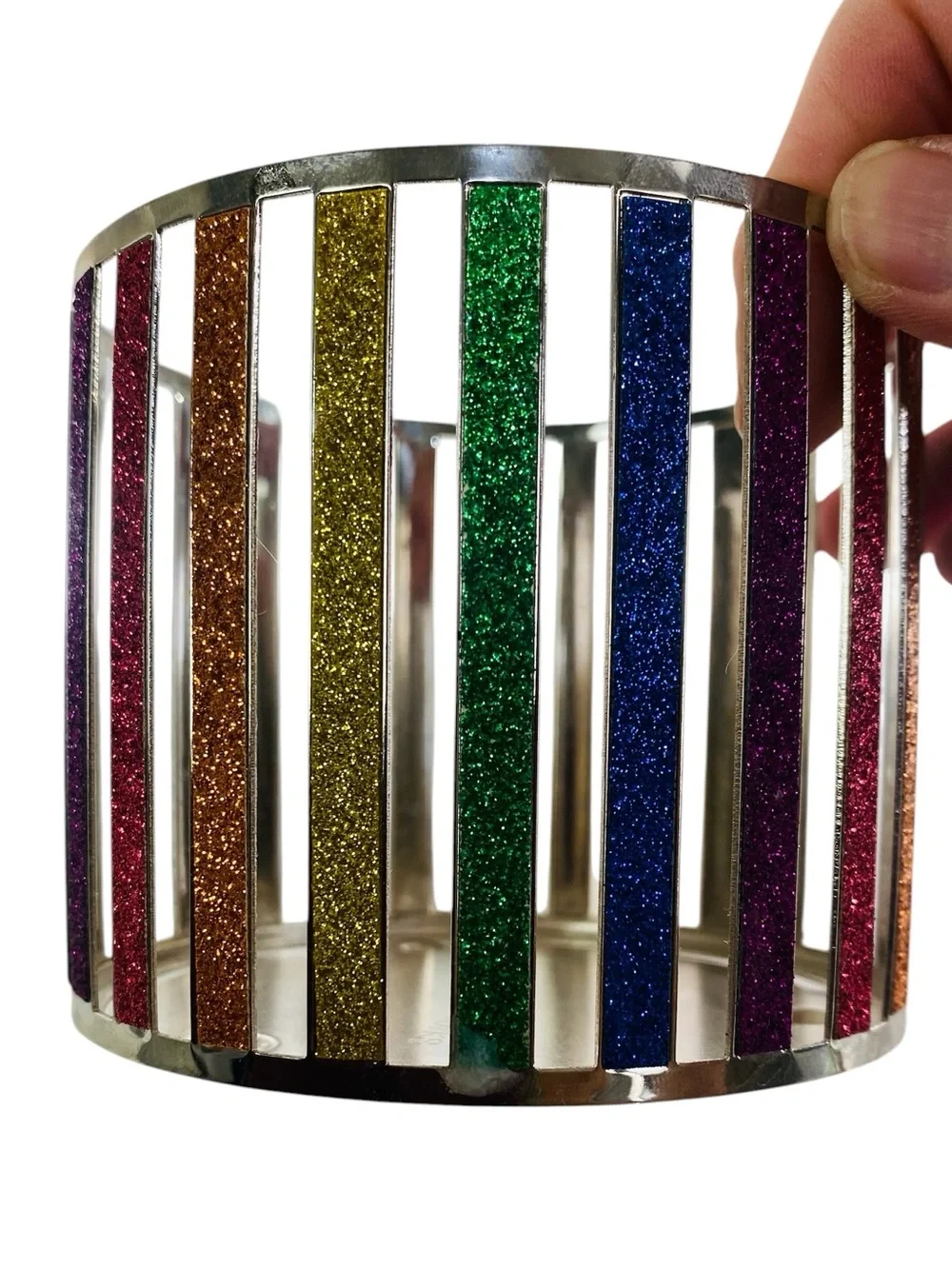 Bath & Body Works Rainbow Striped Glitter Metal 3 Wick Candle Holder